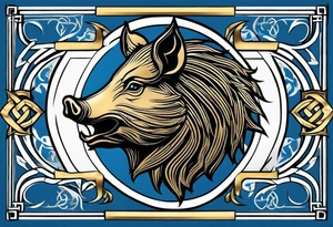 Side profile, Celtic, tribal, wild boar, On a Chatwin family crest with blue background, two gold stars, and a gold Chevron, and a Thistle. With bold black tribal lines. ancient Celtic, tribal boar tattoo idea