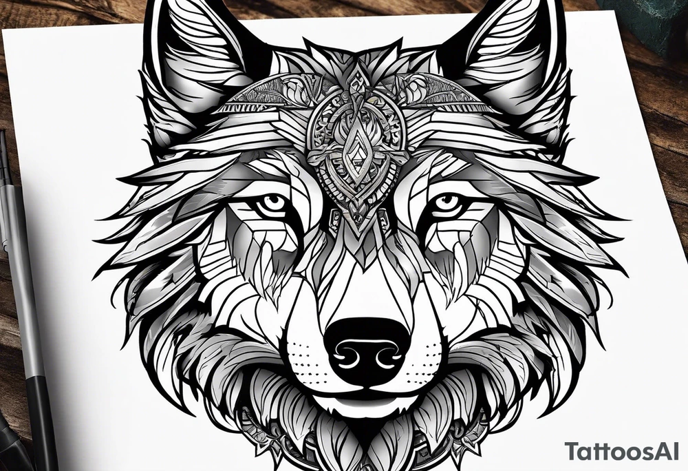 Halbes Gesicht eines Wolfes
Mit Keltischen Zeichen
Im Hintergrund Wald und Berge tattoo idea