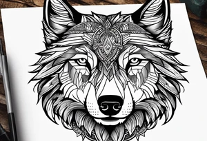 Halbes Gesicht eines Wolfes
Mit Keltischen Zeichen
Im Hintergrund Wald und Berge tattoo idea