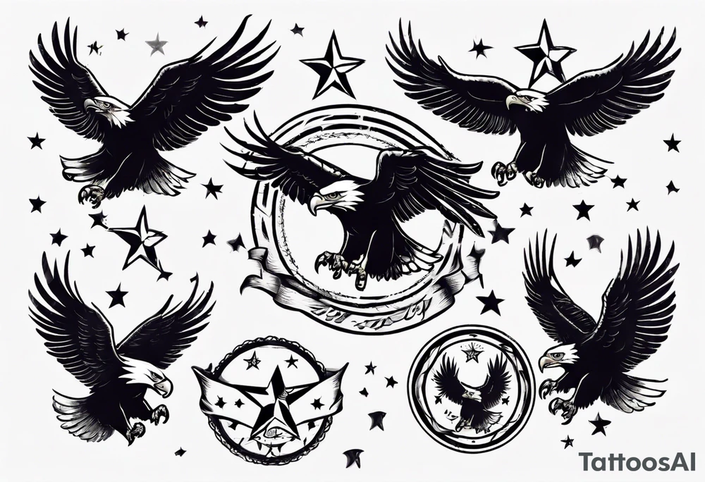 eagle taking flight, surrounded by four stars tattoo idea eagle taking flight, surrounded by four stars tattoo idea