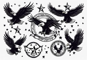eagle taking flight, surrounded by four stars tattoo idea
