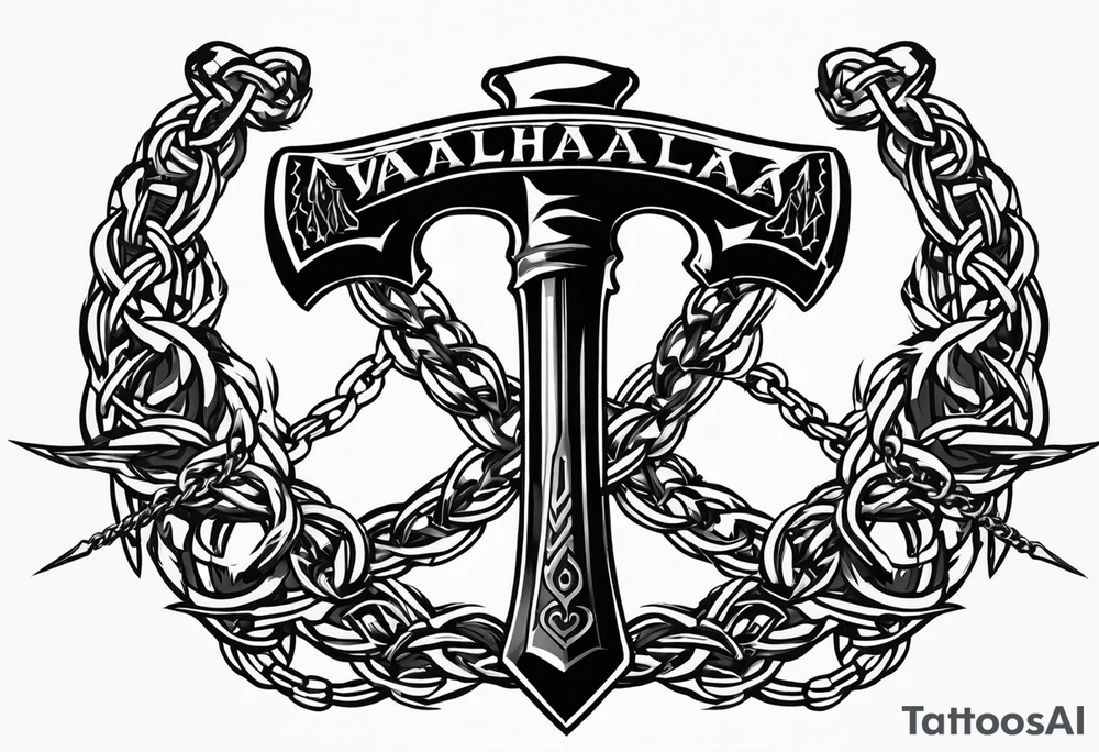Valhalla sword round shield axe barbed wire chains tattoo idea