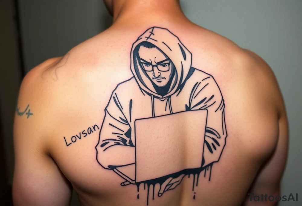 Create a Image of Guy in a hoodie with laptop, like hacking, can you Make IT small so IT fits IT leg, ADD some like Matrix text that says Lovsan. tattoo idea