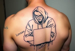 Create a Image of Guy in a hoodie with laptop, like hacking, can you Make IT small so IT fits IT leg, ADD some like Matrix text that says Lovsan. tattoo idea