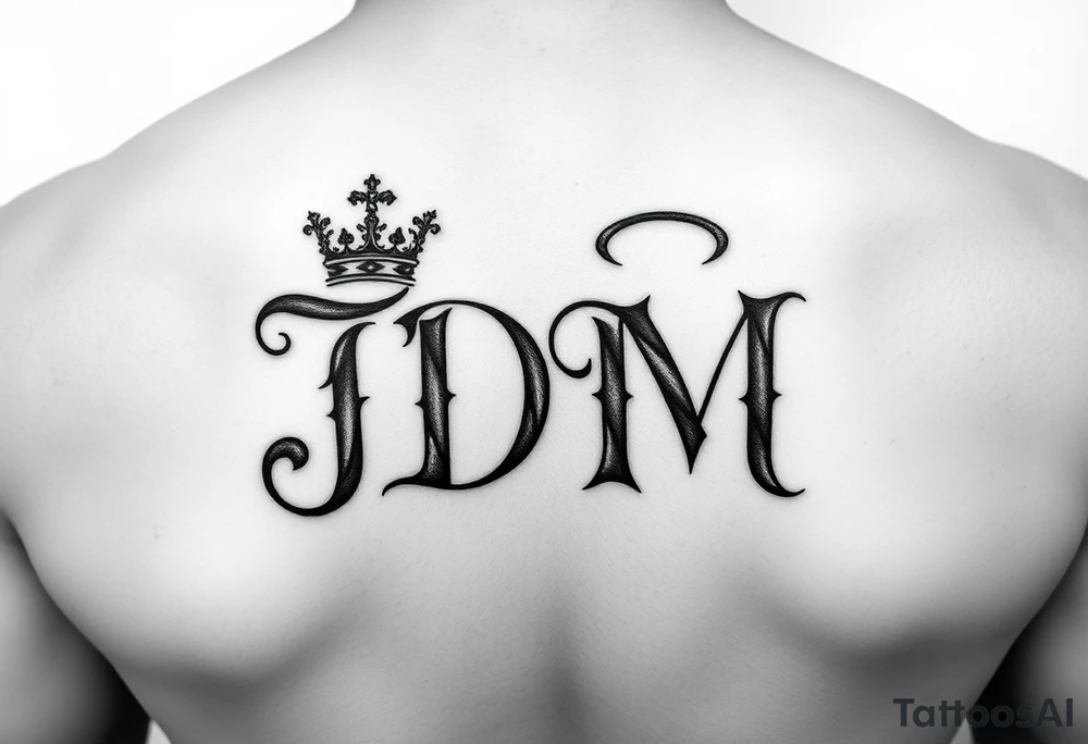 Letters JDM with crown on the J and a halo over the M tattoo idea