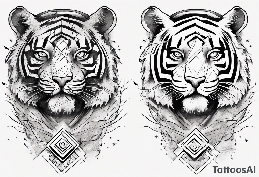 Ancient tiger with lightning and a sun for a forearm sleeve. With patterns surrounding it tattoo idea