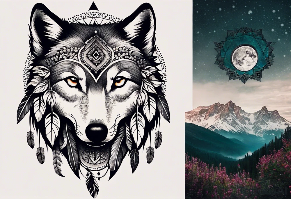 A whimsical wolf tattoo featuring mandala or dream catcher elements, with the wolf as the central focus, surrounded by mountains in the background. Include flowers and nature elements to fill the space around the wolf. Some color but not completely solid bold color tattoo idea