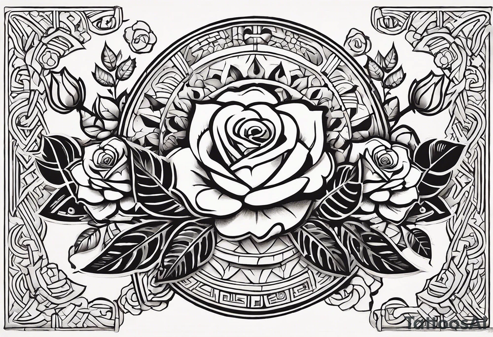 Design a masculine tattoo depicting three delicate rose buds being embraced and protected by a pile of Aztec weapons. The weapons should include elements such as the macuahuitl (Aztec sword-club), obsidian blades, and shields, arranged in a way that forms a protective circle or embrace around the roses. Carve the entire image as if it were a stone sculpture by an ancient Aztec artist, with the texture resembling intricately detailed stone carvings. The roses should be slightly softer but still stylized in stone, giving the entire tattoo a powerful, yet artistic and ancient feel. Use bold, sharp lines to capture the essence of Aztec craftsmanship tattoo idea