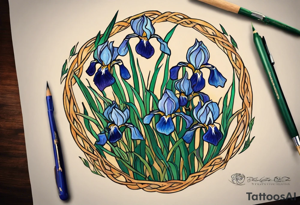 Create a colorful Vincent van Gogh's Irises tattoo, with vines in Celtic knots gracefully holding mountains in a wreath. The intended placement is on the upper chest. The overall design should be small in size while maintaining a delicate and artistic aesthetic. Pay attention to the graceful flow of the vines and the placement of the irises to achieve a refined and elegant look. tattoo idea