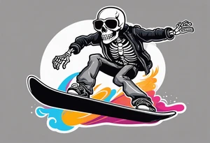 Black and grey skeleton riding a colorful snowboard doing a tail grab with a shot of whiskey in its hand tattoo idea