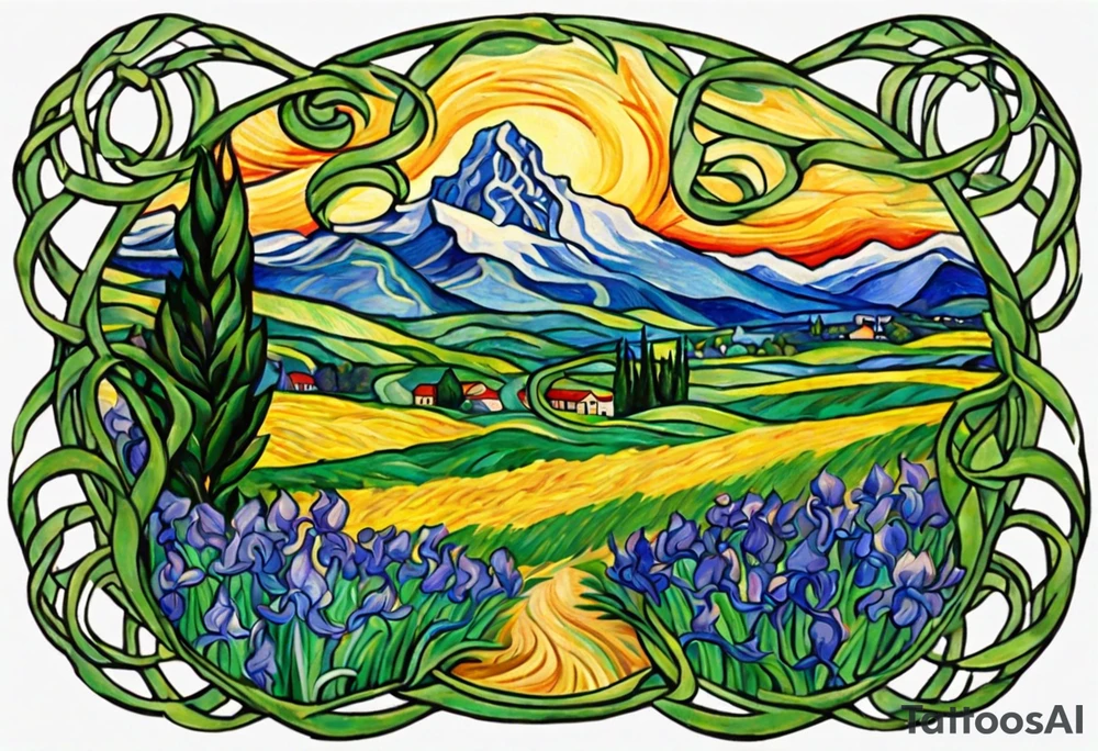 Create a condensed, thick, colorful Vincent van Gogh's Irises tattoo, with vines in Celtic knots gracefully holding mountains. The intended placement is on the upper chest. The overall design should be small in size while maintaining a delicate and artistic aesthetic. Pay attention to the graceful flow of the vines and the placement of the irises to achieve a refined and elegant look. tattoo idea