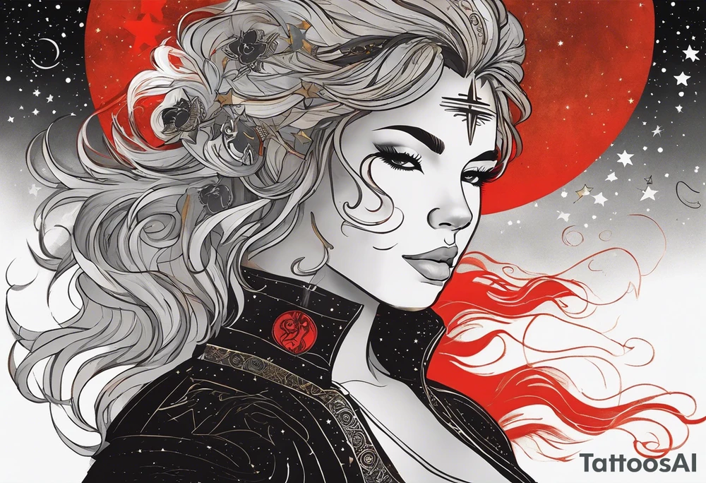 women turning to her side with a small leo zodiac symbol on her forehead, lion scratch scar on her eye and stars, moon and sun floating behind her head. however at the bottom  have her blend away like a smoke effect, you can use Stars or clouds to help fill in space. Also create a somewhat Smokey thin red line wrapping going from the back of the neck to the pinky and overlapping the woman tattoo as well. tattoo idea
