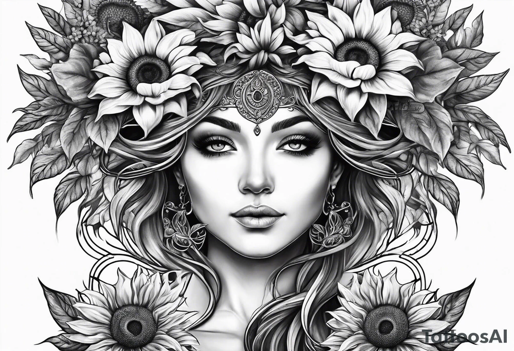 Feminine Yggdrasil tree with two sunflowers tattoo idea