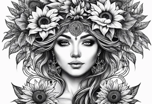 Feminine Yggdrasil tree with two sunflowers tattoo idea