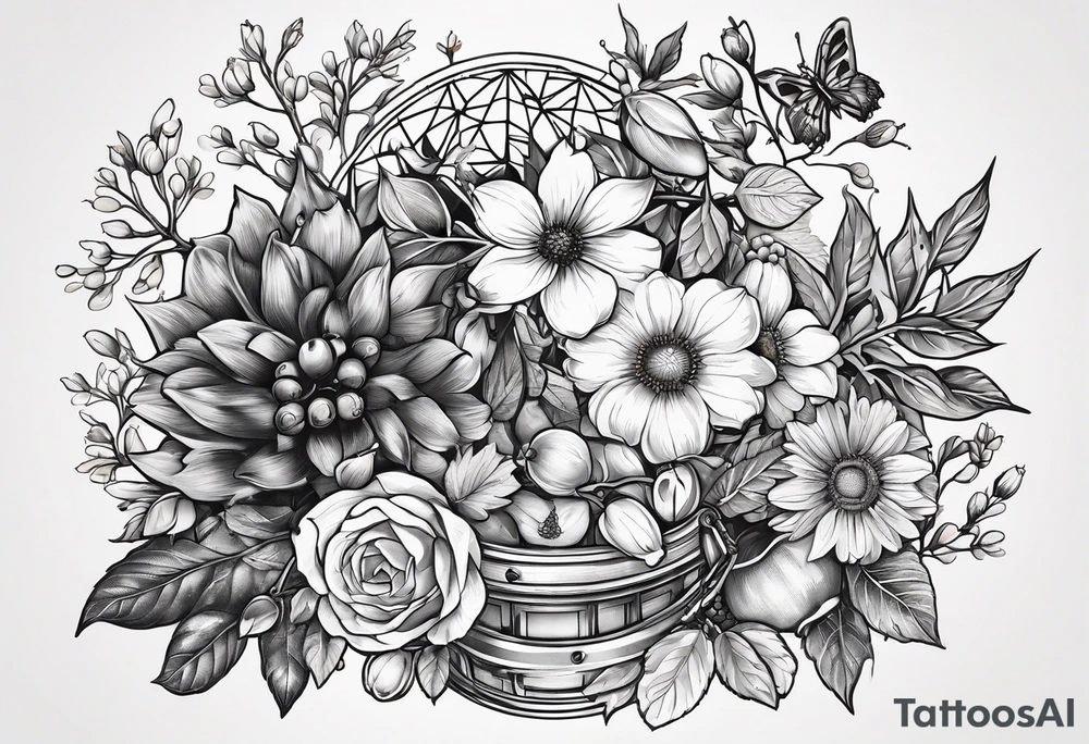Hops, Rosemary, Thyme, Sage, Juniper, Corn, Wheat, Rose, Sunflower, Cherry blossom, Apple blossom, Honeycomb, Maple leaves, Violet/primrose, Carrot, Cherry, Apple/apple core, Acorns

Hawk, Lightbulb, Hummingbird

full sleeve tattoo idea