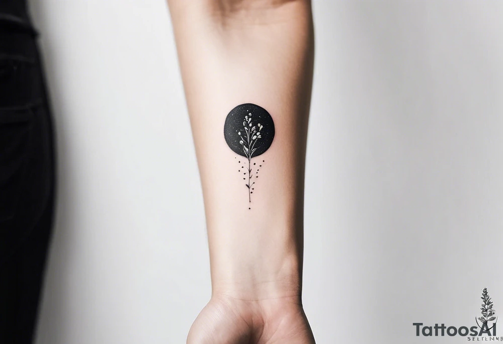 Here’s a description for the fourth idea:

	Minimalist black-and-white tattoo above the inner elbow, featuring an open circle with a small sprouting seed or budding plant inside, symbolizing new life and growth. From the seed, a fine, delicate lifeline extends outward, representing the journey of parent and child together. The design uses thin, clean lines for a simple, elegant, and symbolic look. tattoo idea