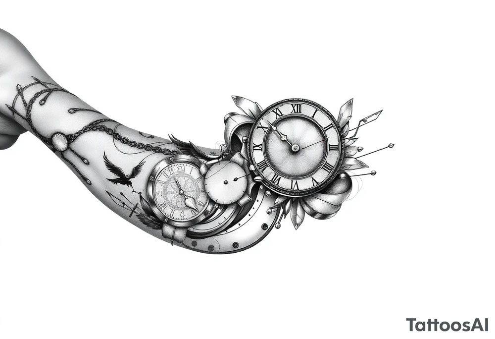 I want to create a sleeve for my left arm with elements if time and music and the dates 19.04.2019 and 28.01.2022 in Roman numerals tattoo idea