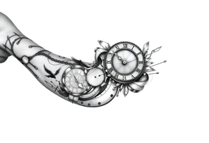 I want to create a sleeve for my left arm with elements if time and music and the dates 19.04.2019 and 28.01.2022 in Roman numerals tattoo idea