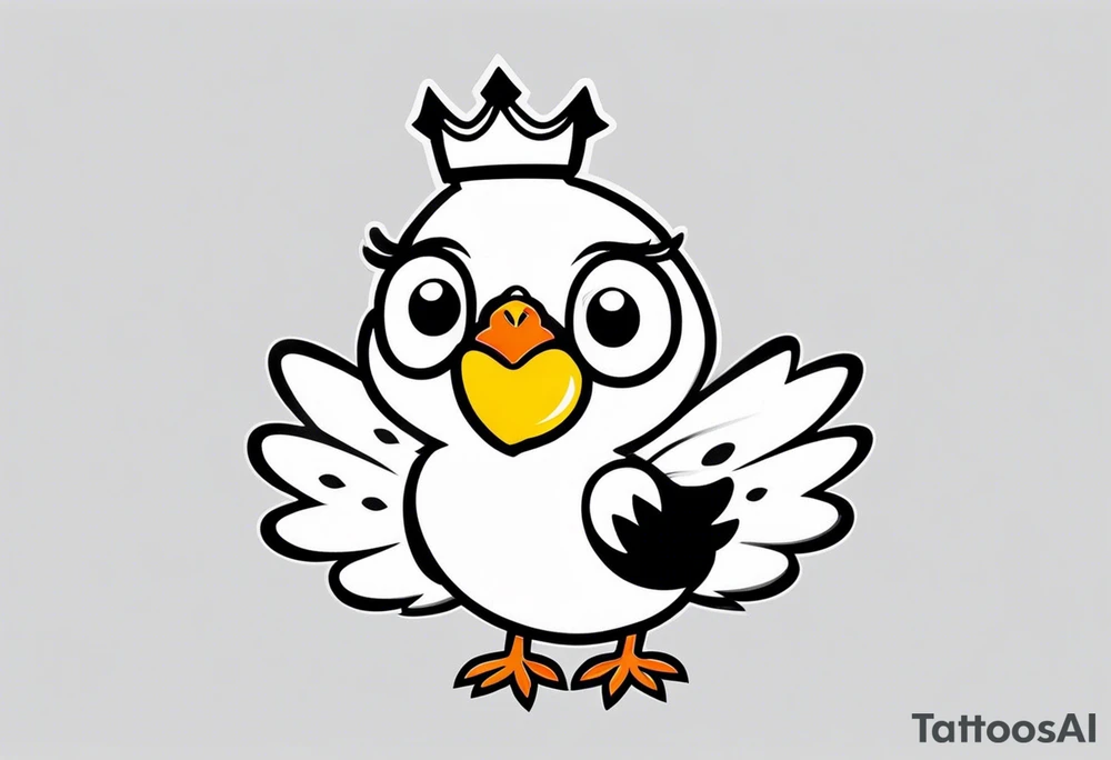 cute 2-d chicken, in a small crown, with a small beak and wings, drawn with a very thin line tattoo idea