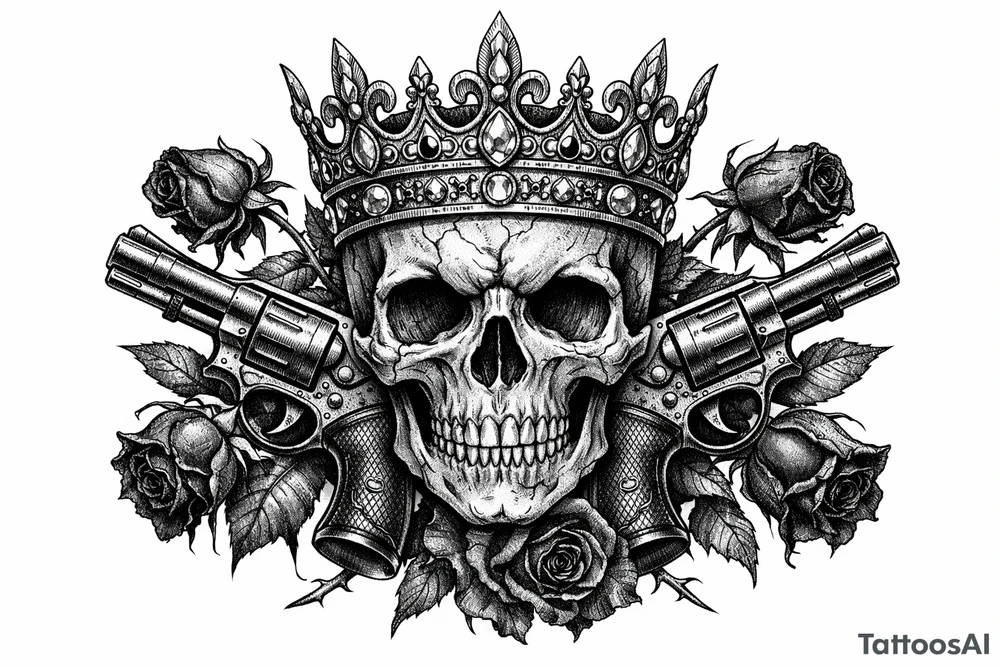 Close-up gothic skull with jeweled crown, pistols, and wilting dark red roses. tattoo idea
