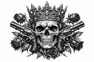 Close-up gothic skull with jeweled crown, pistols, and wilting dark red roses. tattoo idea