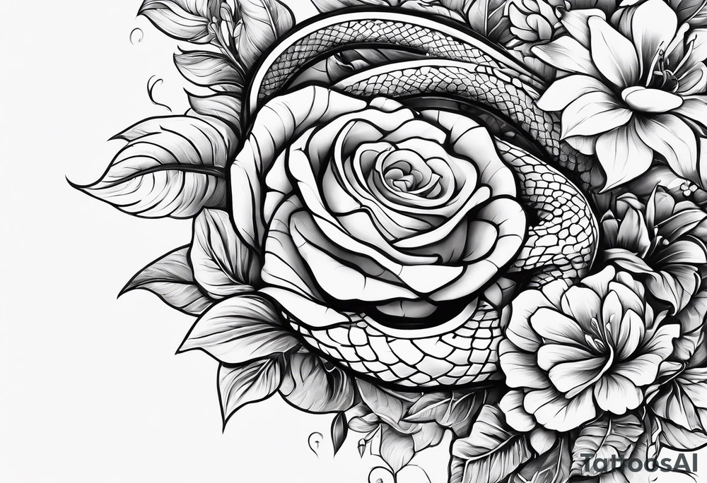 A snake and flowers around a bible verse in the middle tattoo idea