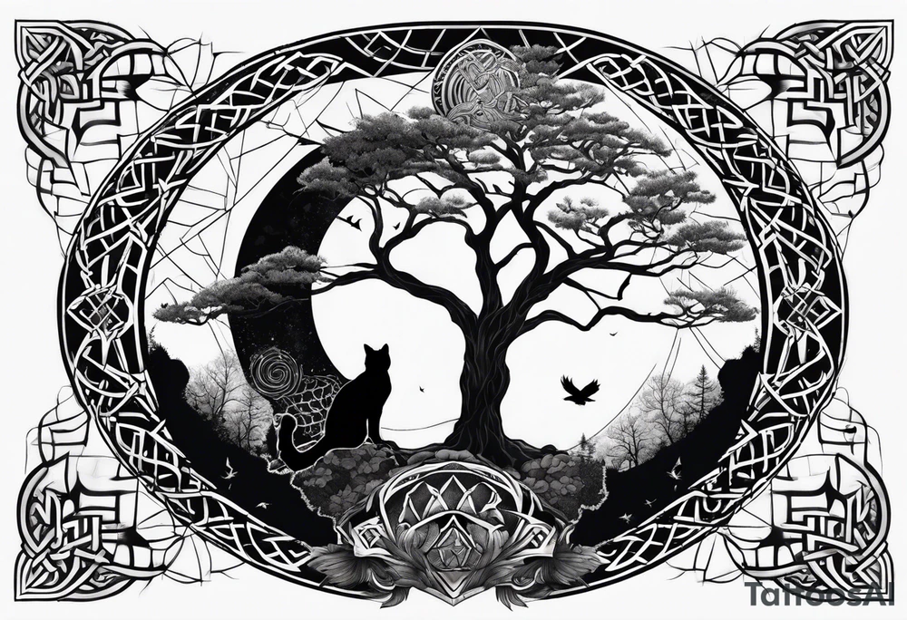 world tree with a cat and a raven and knotwork upper arm tattoo tattoo idea