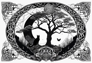 world tree with a cat and a raven and knotwork upper arm tattoo tattoo idea