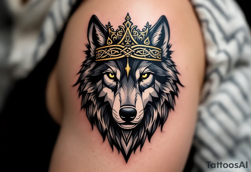 Alpha Wolf with Celtic Crown – A proud black-and-silver wolf wearing a crown made of Celtic knots and deep gold accents. tattoo idea