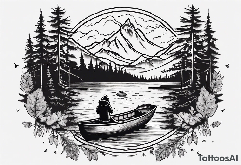 bear head right above the forest line with a lake below with a small fishermans boat floating on it, full arm sleeve tattoo tattoo idea