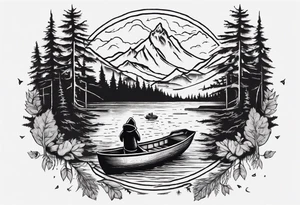bear head right above the forest line with a lake below with a small fishermans boat floating on it, full arm sleeve tattoo tattoo idea
