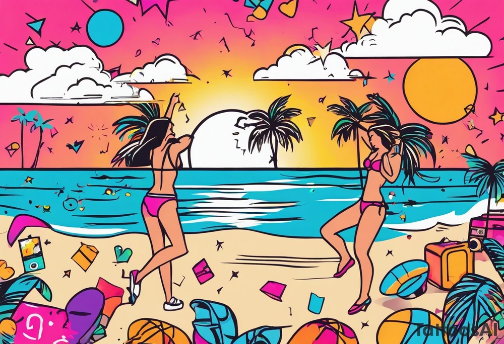 1980's miami vice style beach dance 
party, include confetti, music notes, boom box, bikinis sunset in the center tattoo idea