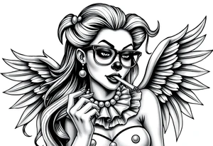 beautiful long hair pin up Clown Girl pays thug eyeglasses  angelic wings smoking a cigarette tattoo idea