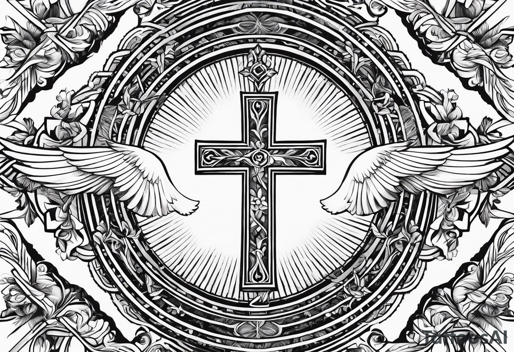 A Cross with doves in the rays of son with 08/21/2024 in Roman numeral starting tattoo idea