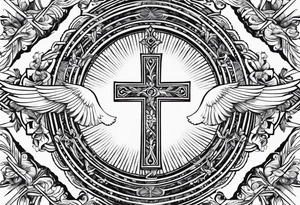 A Cross with doves in the rays of son with 08/21/2024 in Roman numeral starting tattoo idea