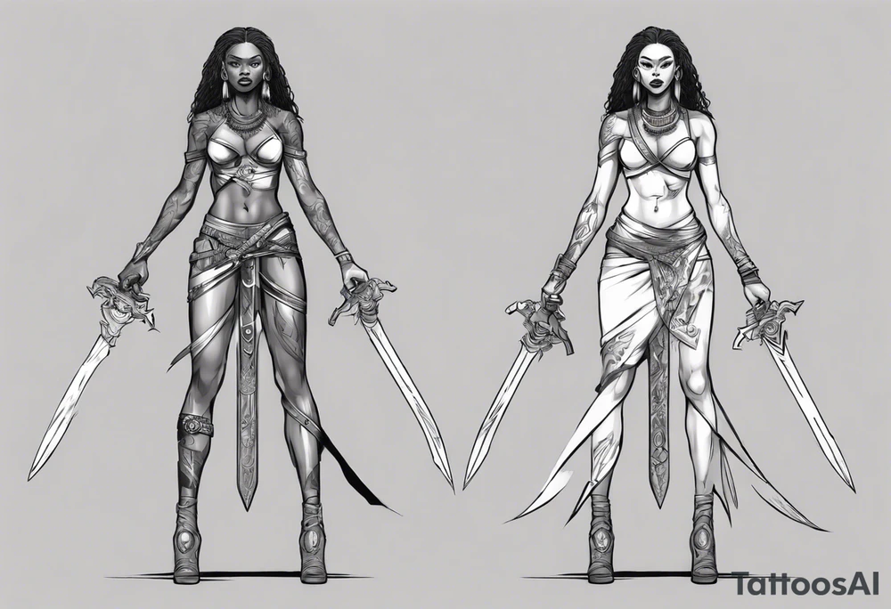 African female full body valkyre slim face presenting sword tattoo idea