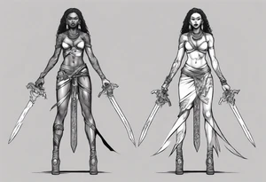African female full body valkyre slim face presenting sword tattoo idea