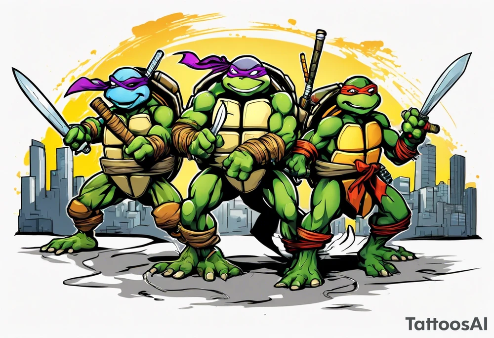 all four teenage mutant ninja turtles fighting enemies in a cityscape tattoo idea