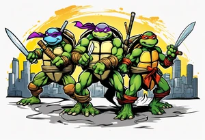 all four teenage mutant ninja turtles fighting enemies in a cityscape tattoo idea