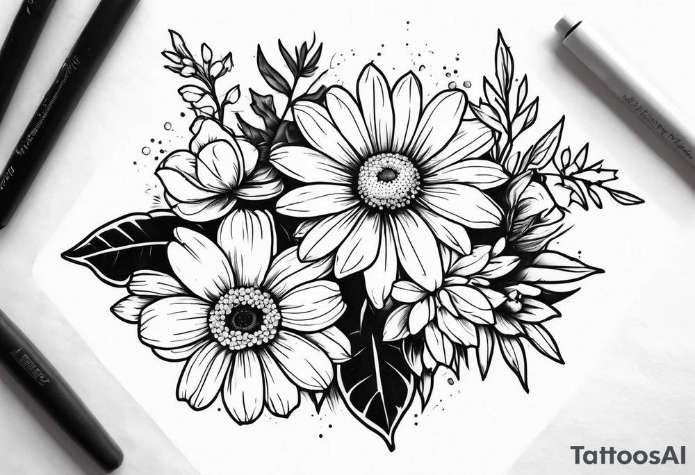Daisy, rose, holly flower handheld 
bouquet tattoo idea