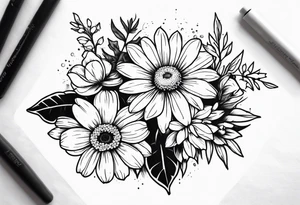 Daisy, rose, holly flower handheld 
bouquet tattoo idea
