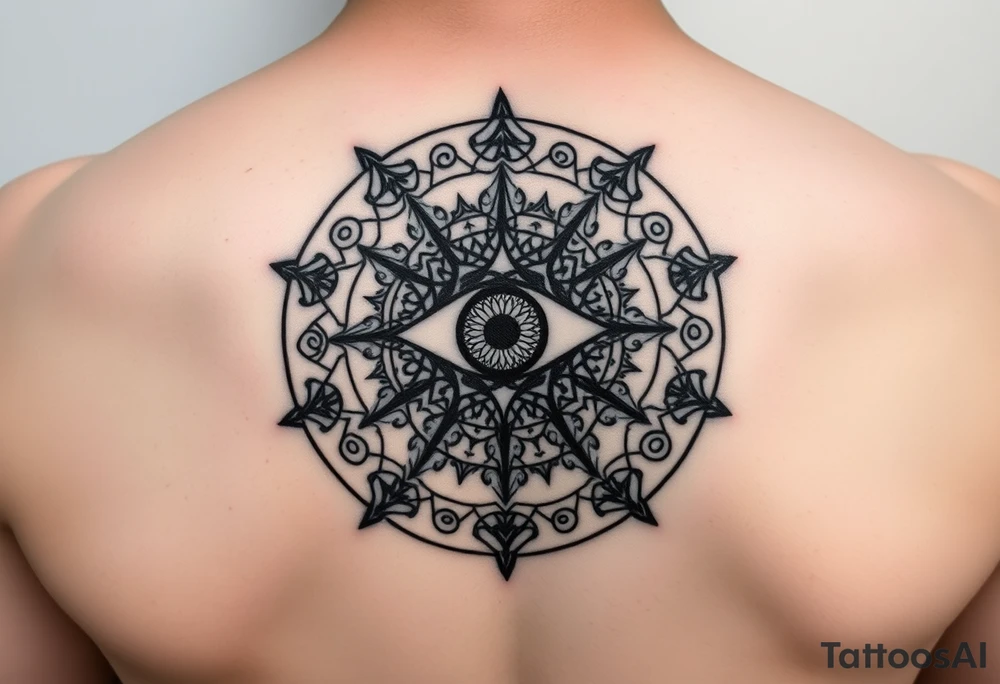 A abundance and protection symbol with an evil eye protection symbol (not an eye) in full color in the center of it.  I’d like it windy very small “so mote it be” with a magic wand  make exactly what I type tattoo idea