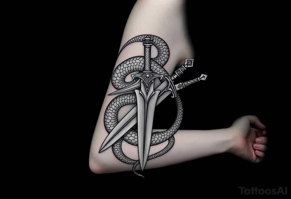mystical snake coiled around an ancient dagger with jeweled hilt tattoo idea