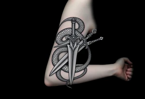 mystical snake coiled around an ancient dagger with jeweled hilt tattoo idea