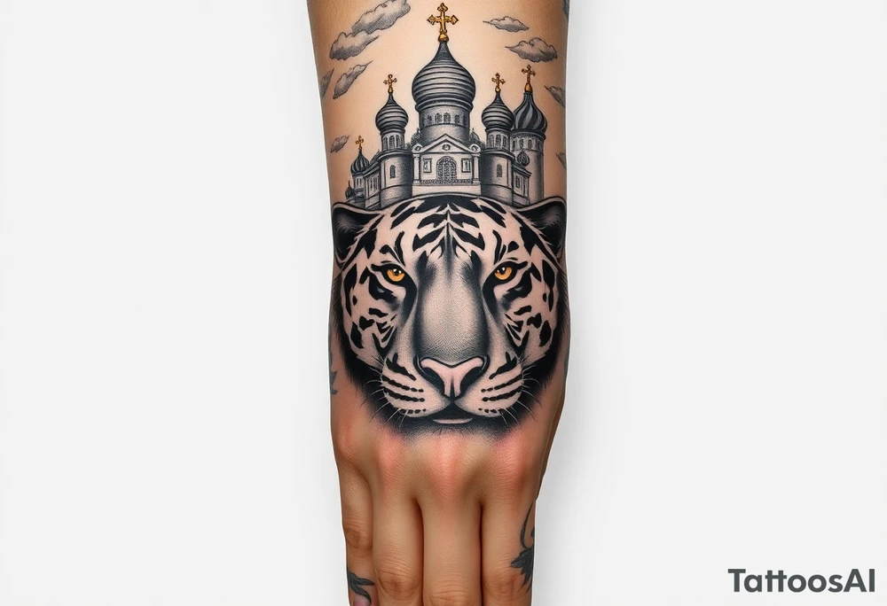 Realistic tiger face on the back of the hand with strong contrast and fine detail with all black eyes. then a highly detailed Russian Orthodox cathedral sitting above on the top fore arm with onion domes and orthodox crosses, done in fine line, engraving-like style. Cohesive composition, black ink only, no color, high contrast, slightly aged, documentary-style, plain light background. with clouds above and a virgin mary tattoo idea