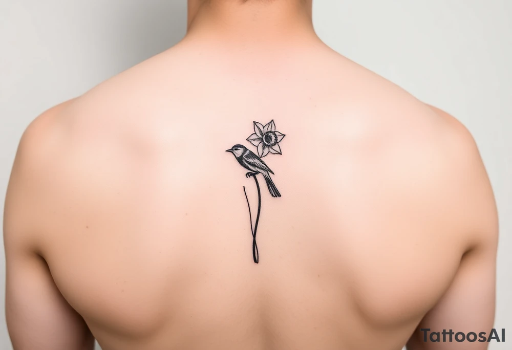 Small bird poppy daffodil vertical tattoo idea