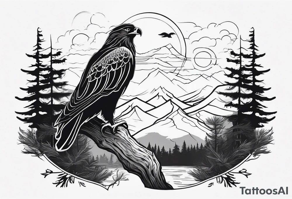 Full back tattoo ancient pine Forrest and giant black eagle tattoo idea