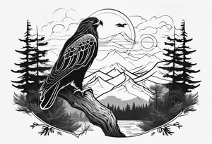 Full back tattoo ancient pine Forrest and giant black eagle tattoo idea