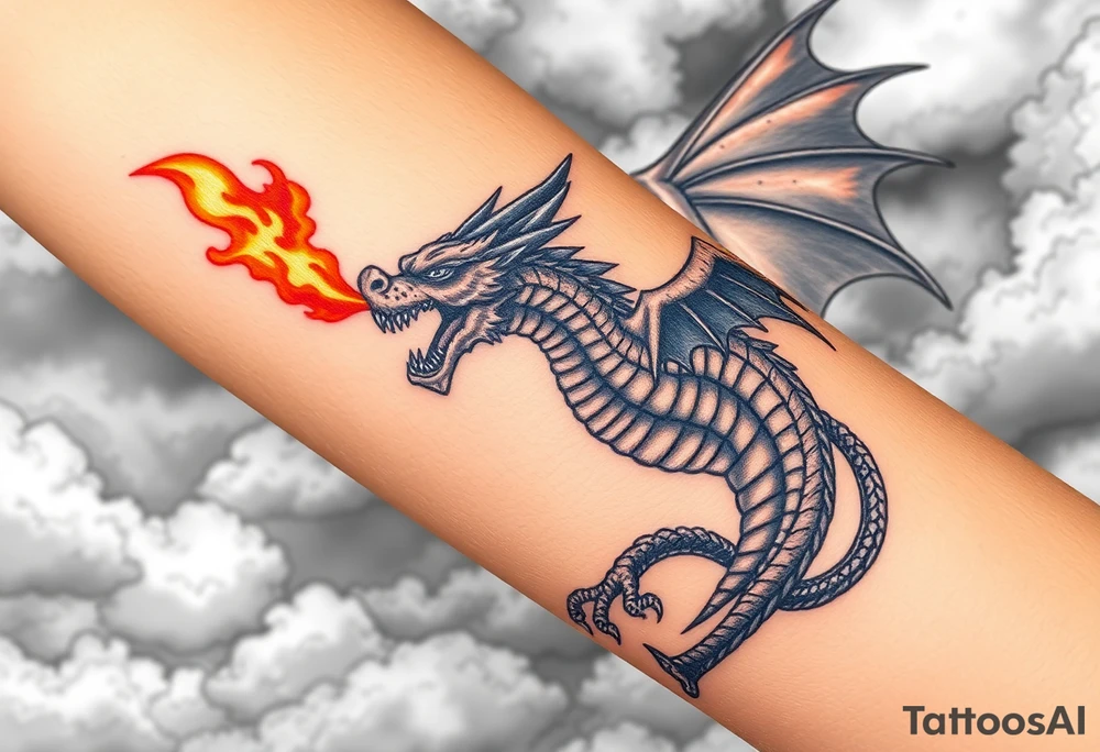 fierce dragon breathing iridescent fire against stormy skies tattoo idea