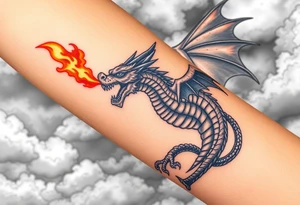 fierce dragon breathing iridescent fire against stormy skies tattoo idea